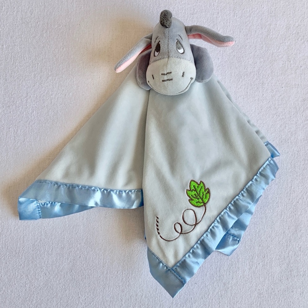 Disney Eeyore Winnie the Pooh Plush Lovey Blue Security Blanket with Satin Trim